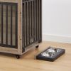 Furniture Style Dog Crate Side Table With Feeding Bowl, Wheels, Three Doors, Flip-Up Top Opening. Indoor, Grey, 38.58"W x 25.2"D x 27.17"H